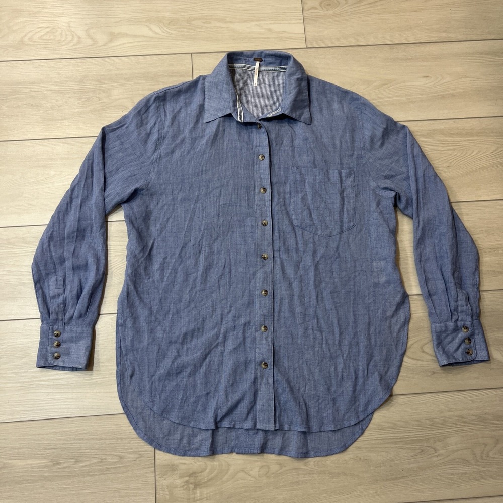 Free People Blue Rayon Blend Button-Up Long Sleeve Pocket Blouse‎ Tunic Size Sm